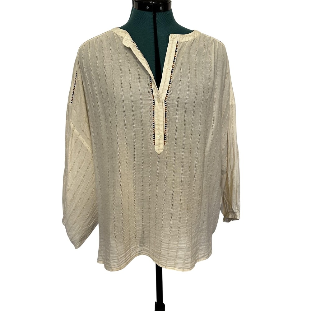 Pendleton Shirt Womens Large Cream Boho‎ Peasant Tunic Henley Embroidered Trim